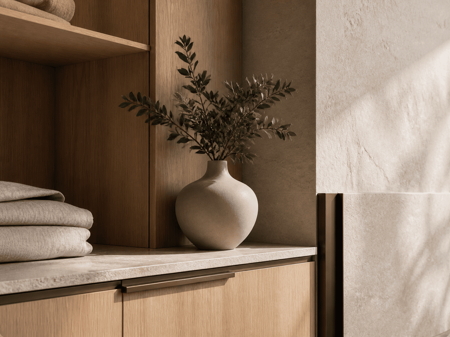 Warm oak, limestone, linen, and bronze material reference