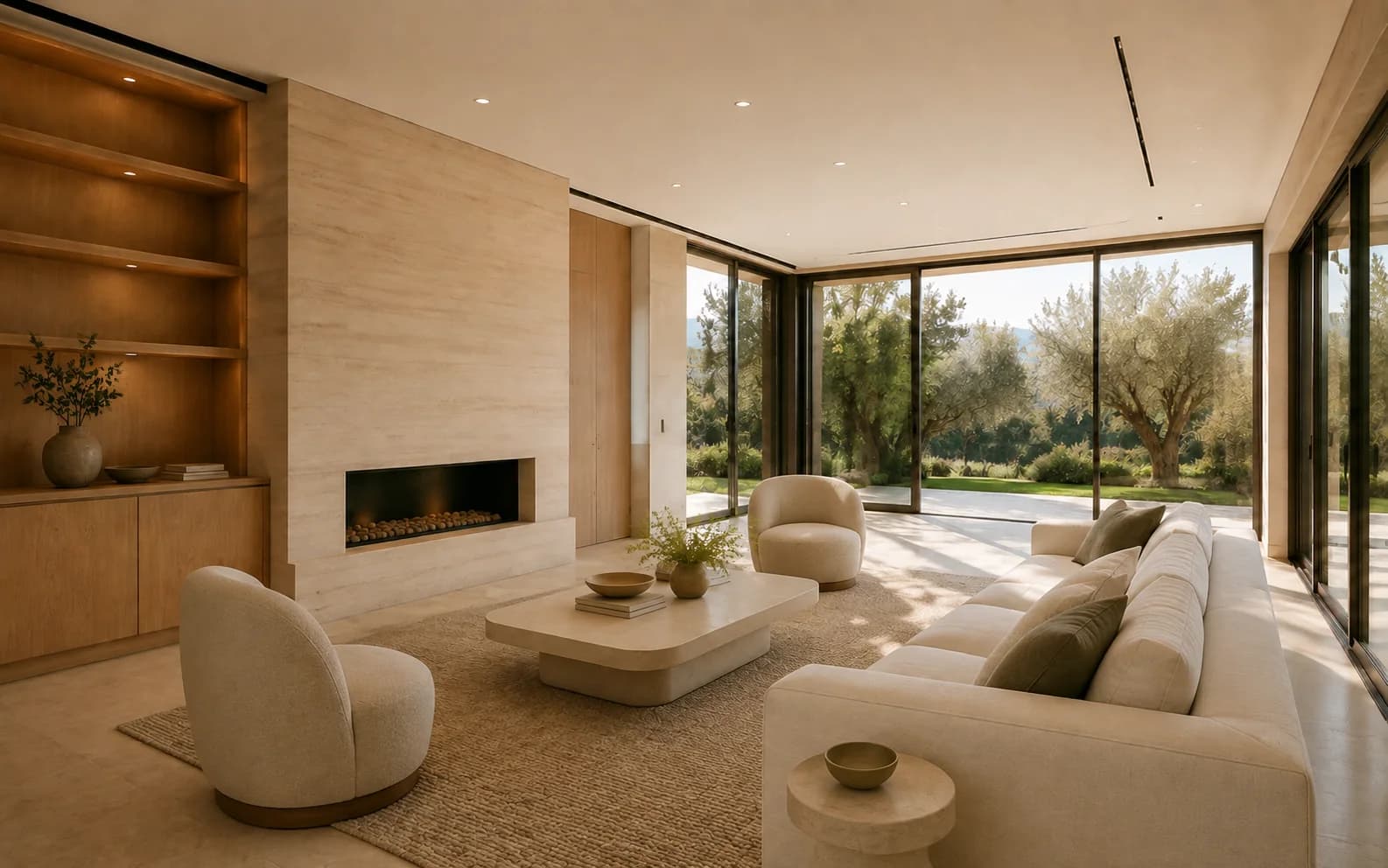 The same architect-designed living room furnished in a restrained warm contemporary style
