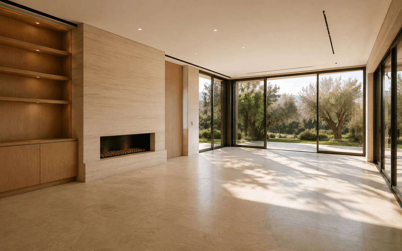An unfurnished architect-designed living room with the requested change area marked