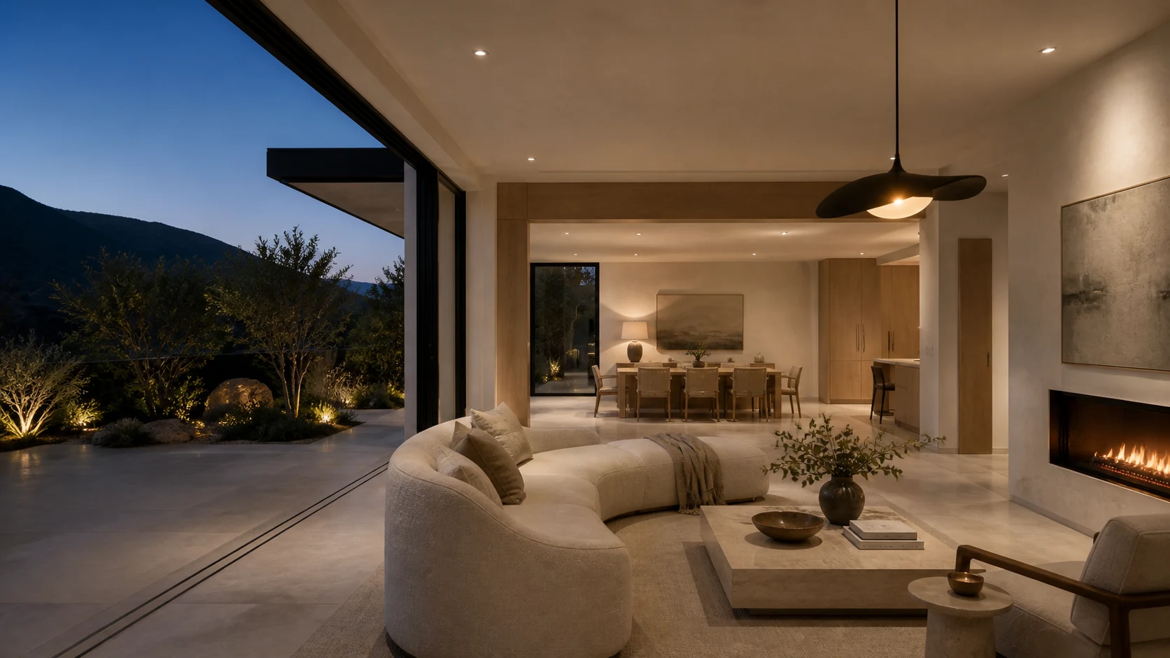 A warmly lit contemporary living room at blue hour