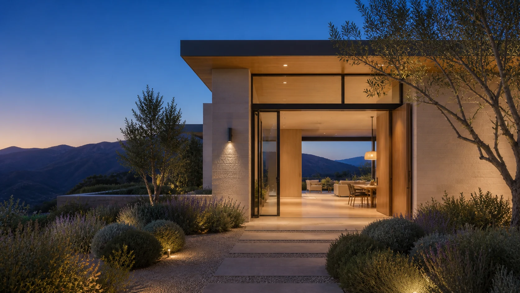A contemporary property entrance illuminated at blue hour