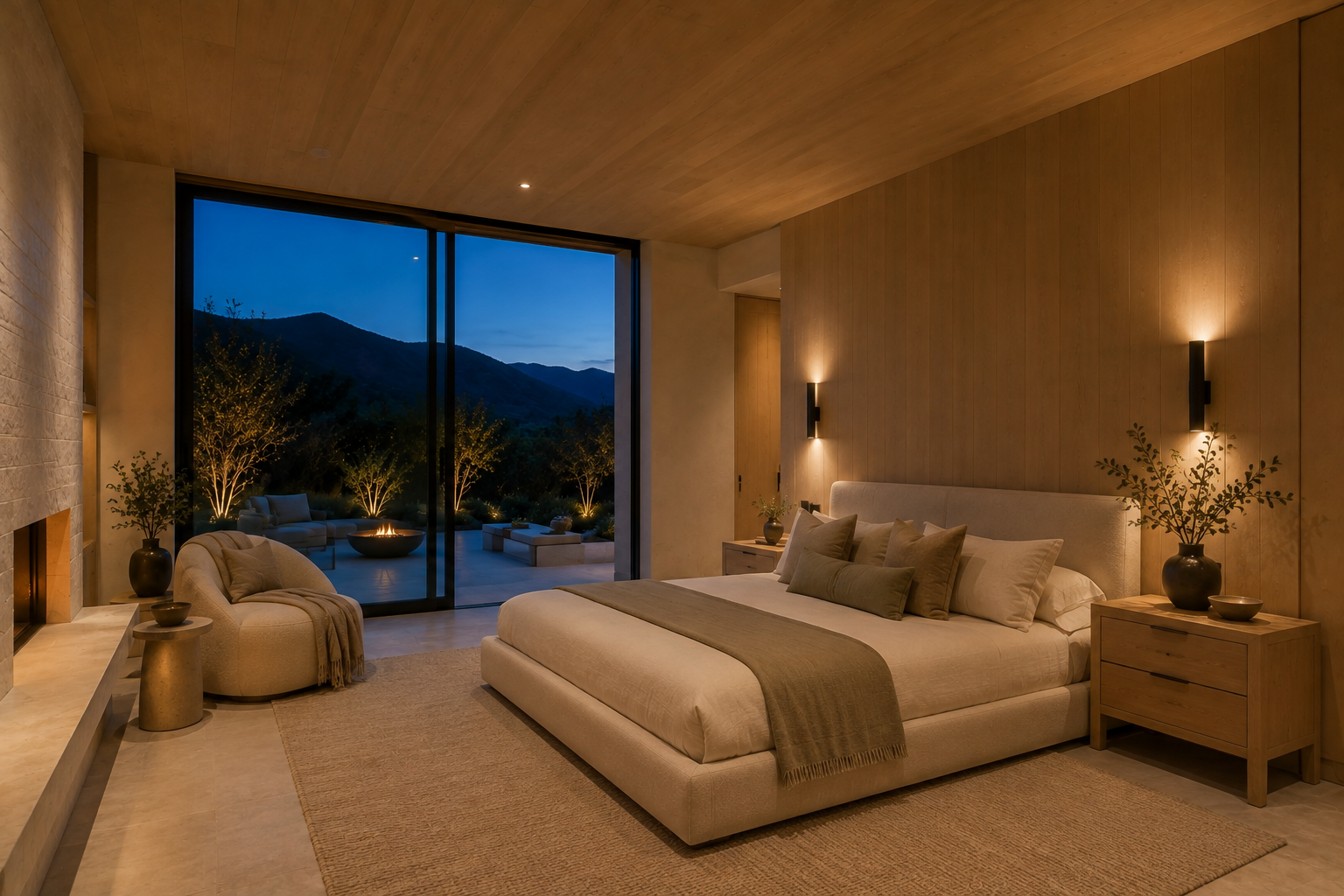The primary bedroom of the same mountain home overlooking the blue-hour landscape