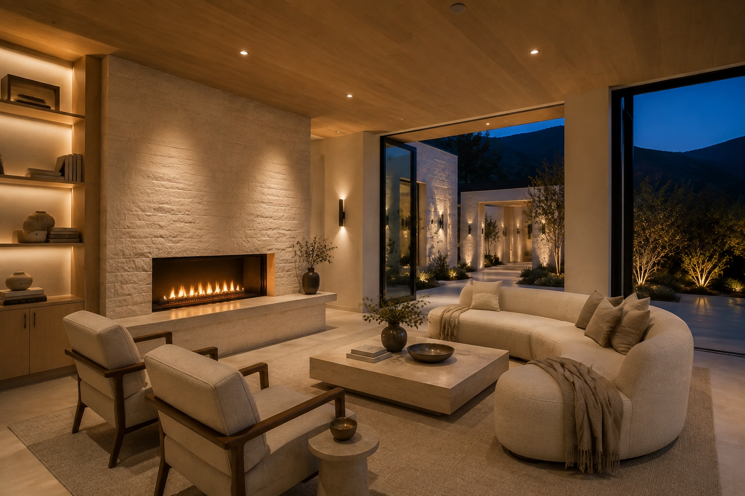The living room of the same mountain home with limestone, pale oak, and warm neutral furnishings