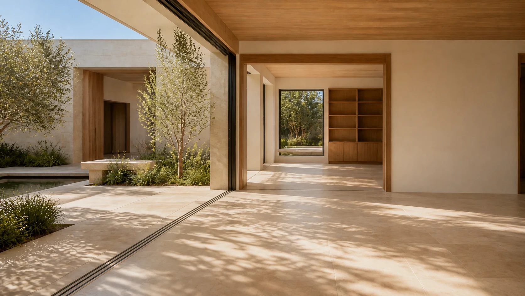 Original unfurnished indoor-outdoor living room in daylight