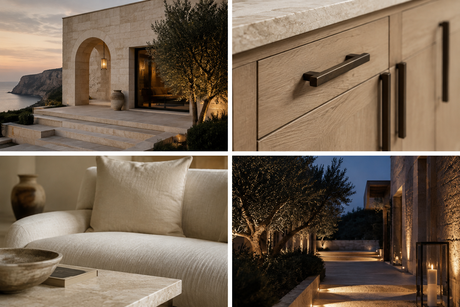 Four visual references showing limestone architecture, pale oak cabinetry, natural linen furniture, and warm architectural lighting